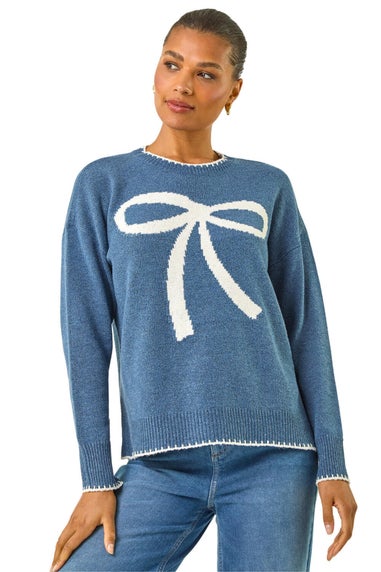 Roman Blue Contrast Stitch Bow Knit Jumper