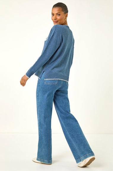 Roman Blue Contrast Stitch Bow Knit Jumper