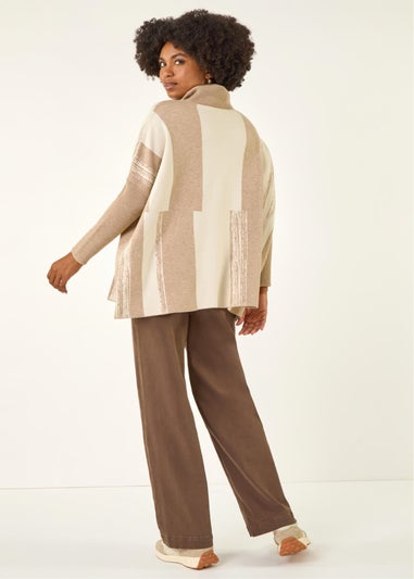 Roman Beige Colour Block Longline Knit Jumper