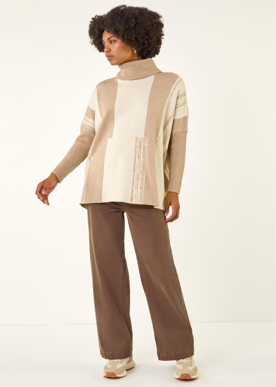 Roman Beige Colour Block Longline Knit Jumper