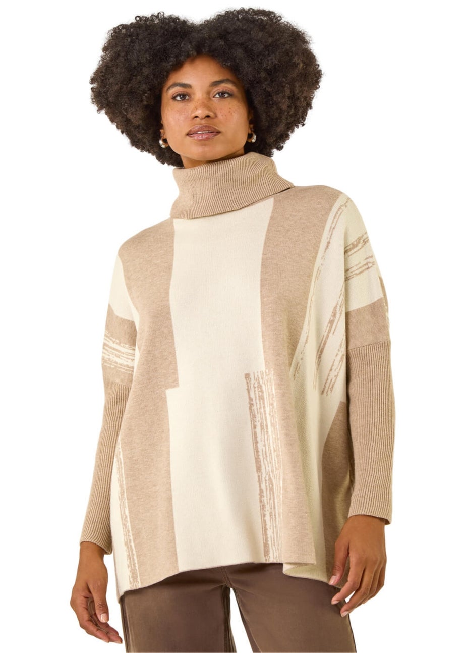 Roman Beige Colour Block Longline Knit Jumper