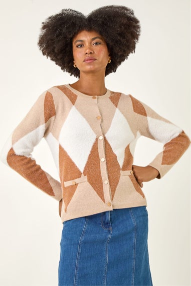 Roman Beige Geometric Buttoned Knit Cardigan