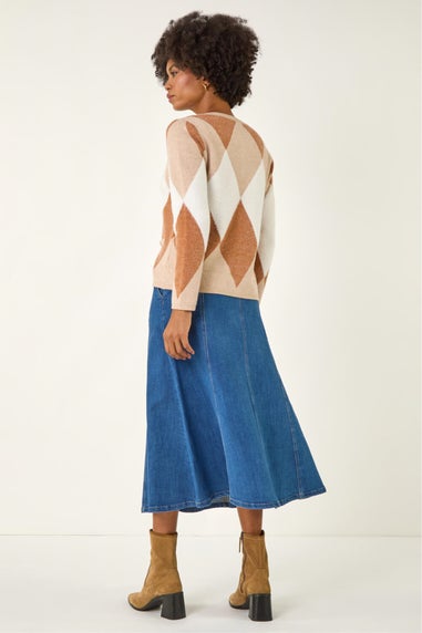 Roman Beige Geometric Buttoned Knit Cardigan