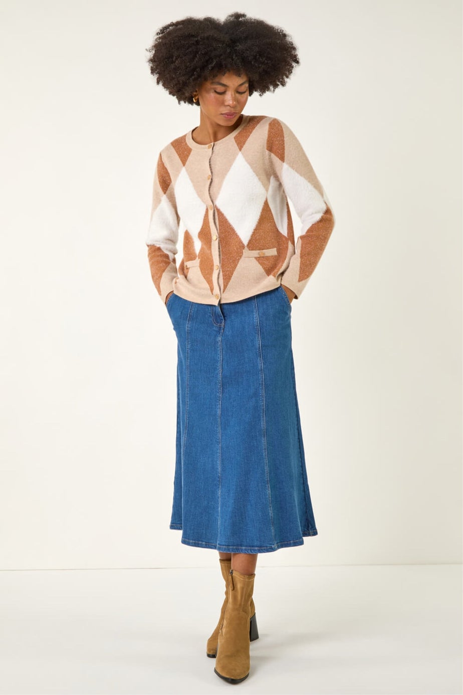 Roman Beige Geometric Buttoned Knit Cardigan