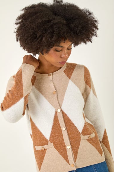 Roman Beige Geometric Buttoned Knit Cardigan