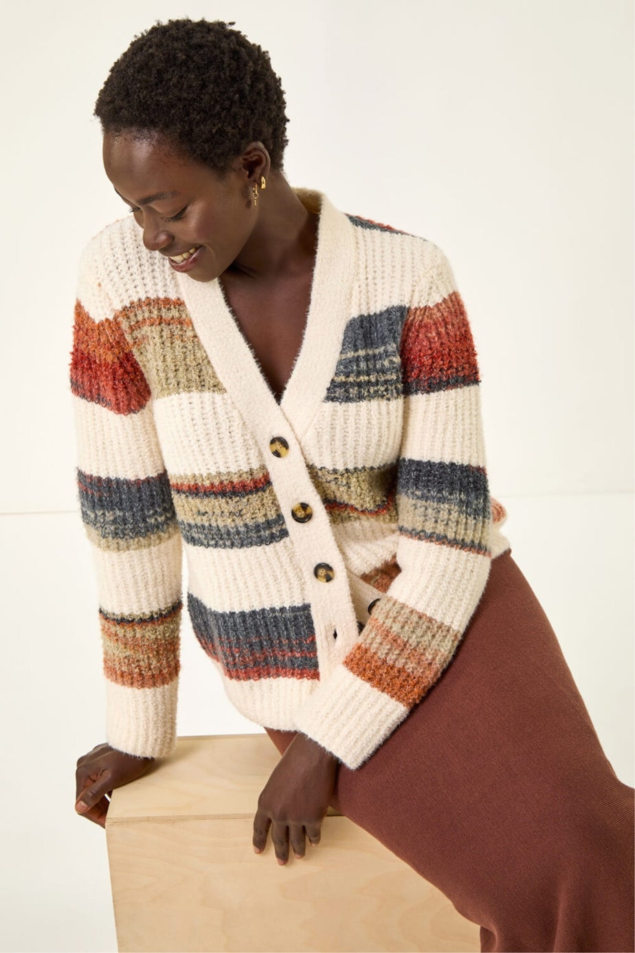 Roman Ivory Stripe Buttoned Knit Cardigan