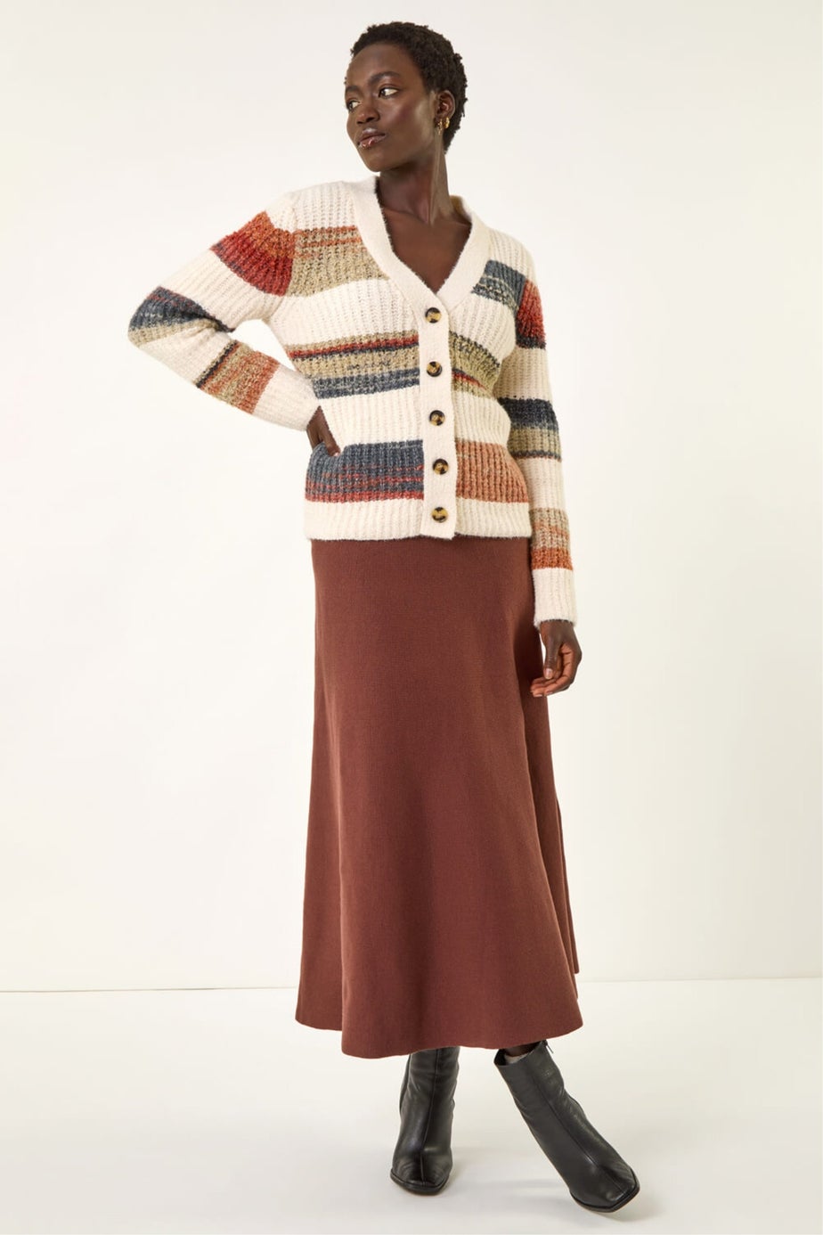 Roman Ivory Stripe Buttoned Knit Cardigan