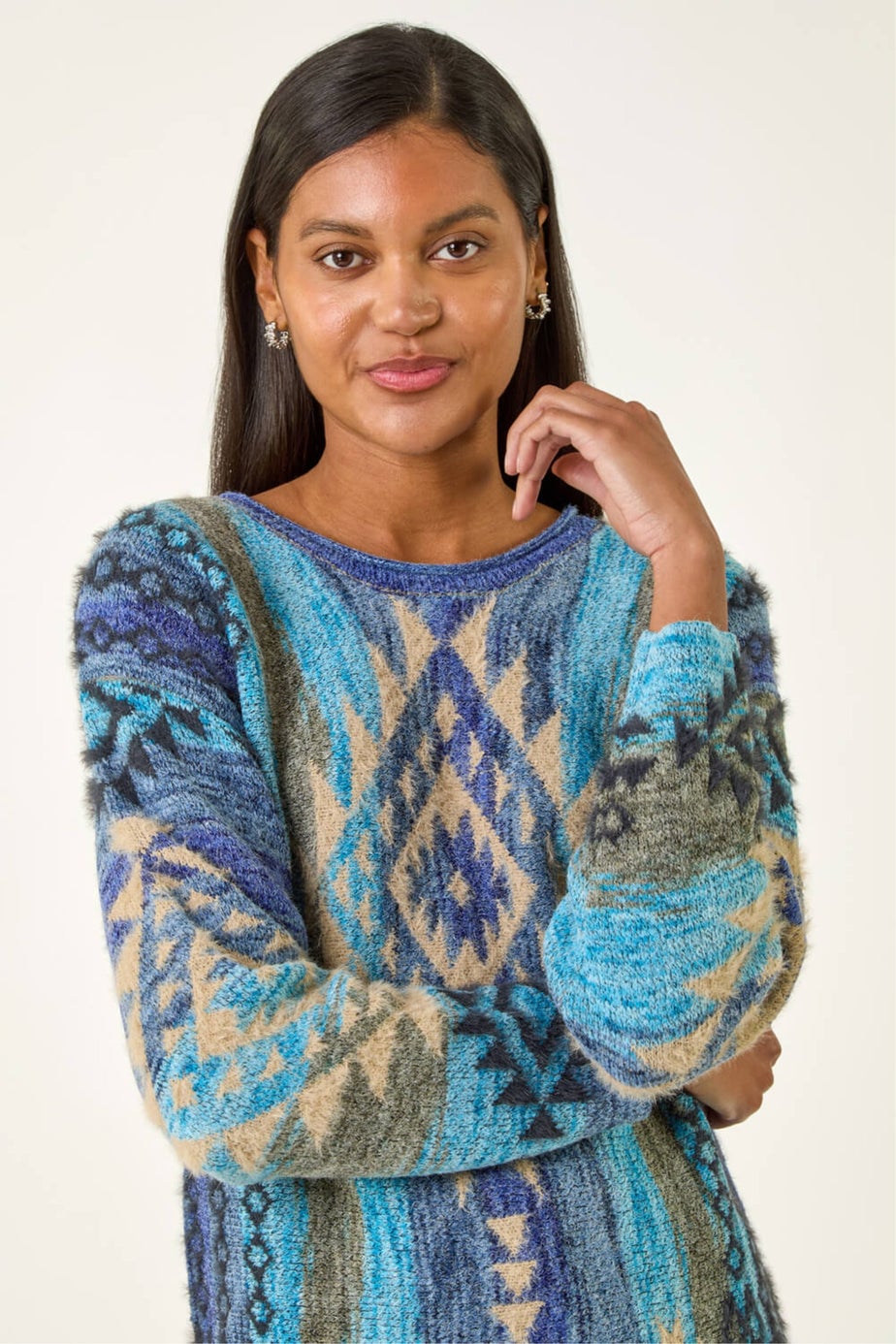 Roman Blue Jacquard Tassel Trim Knit Jumper
