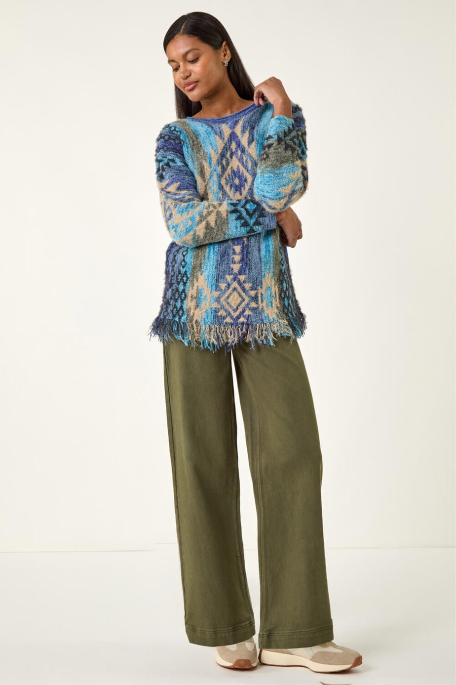 Roman Blue Jacquard Tassel Trim Knit Jumper