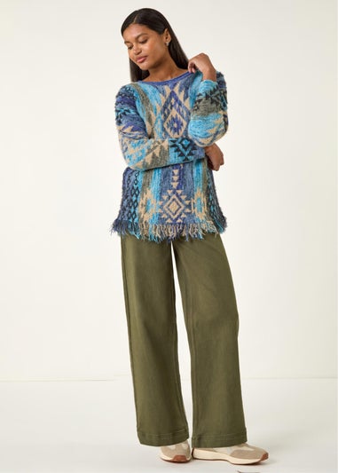 Roman Blue Jacquard Tassel Trim Knit Jumper