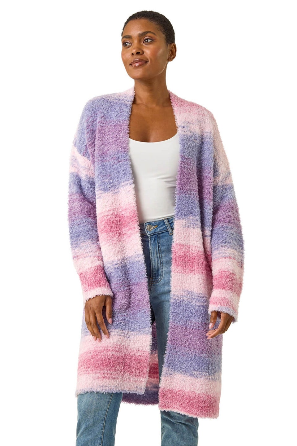 Roman Pink Fluffy Stripe Longline Cardigan