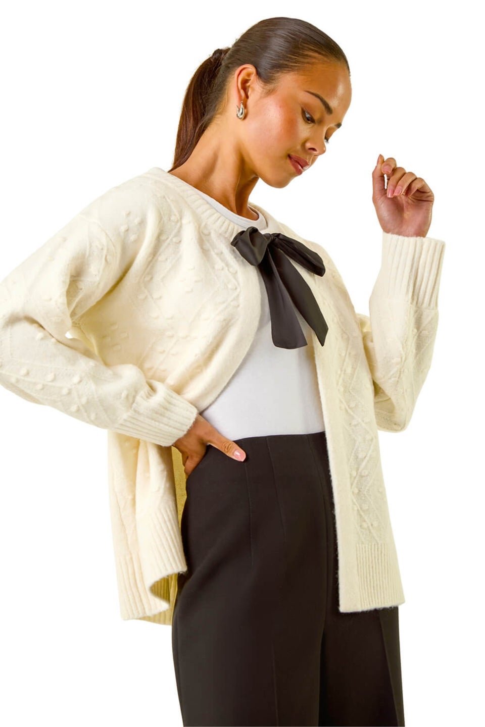 Roman Ivory Petite Tie Front Knit Cardigan