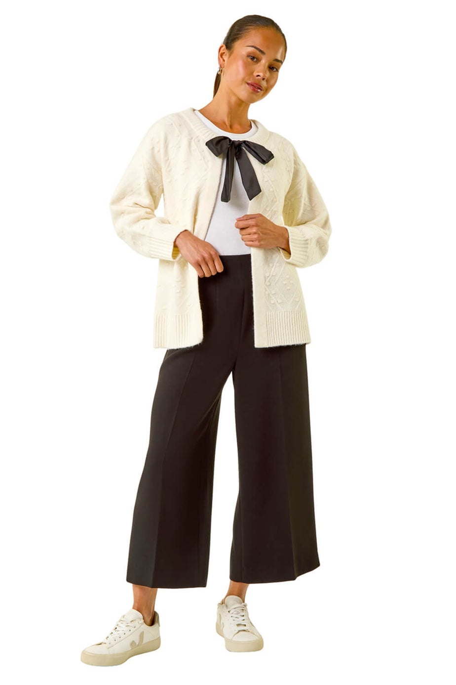 Roman Ivory Petite Tie Front Knit Cardigan