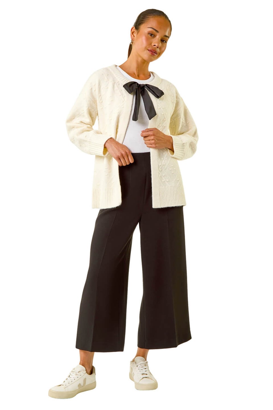 Roman Ivory Petite Tie Front Knit Cardigan