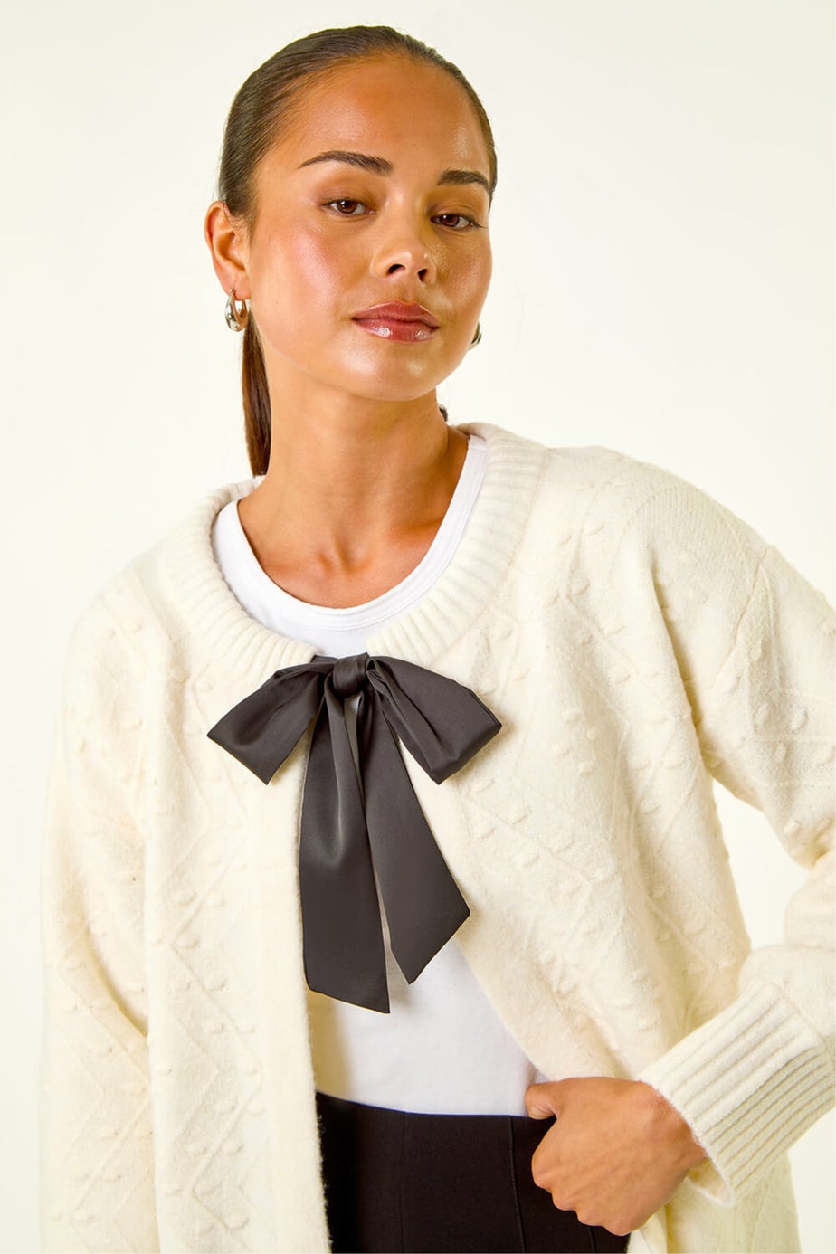 Roman Ivory Petite Tie Front Knit Cardigan