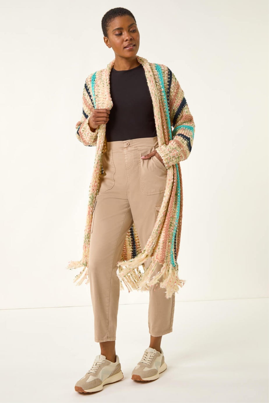 Roman Natural Pattern Fringe Detail Cardigan