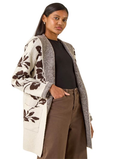 Roman Beige Floral Hooded Knit Cardigan