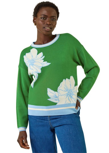 Roman Green Colour Block Floral Knit Jumper