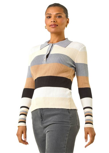 Roman Ivory Stripe Collar Buttoned Knit