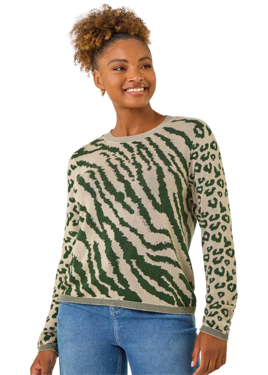 Roman Khaki Embellished Animal Knit Jumper