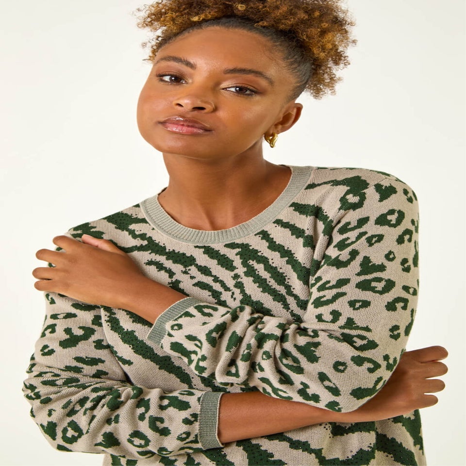 Roman Khaki Embellished Animal Knit Jumper