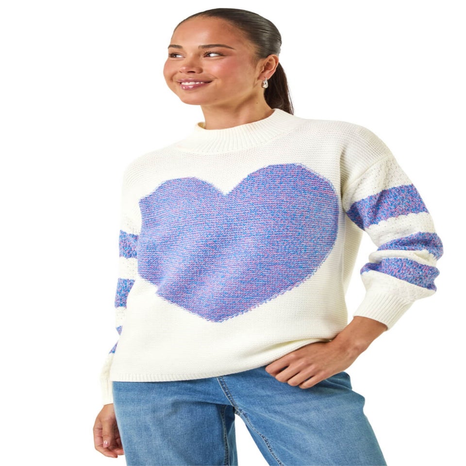 Roman Blue Petite Colour Block Heart Knit Jumper