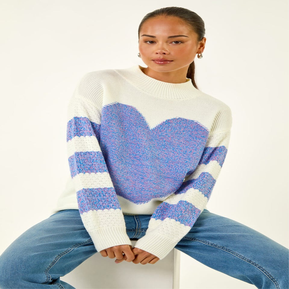 Roman Blue Petite Colour Block Heart Knit Jumper