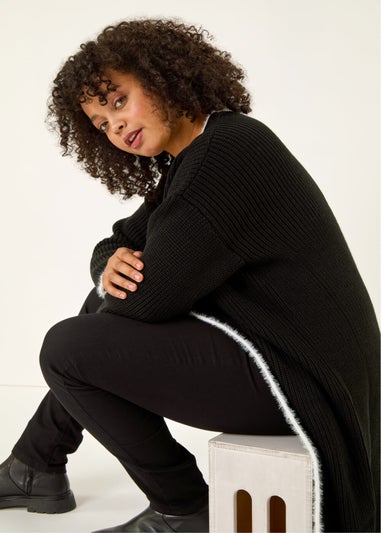 Roman Black Curve Longline Knit Cardigan