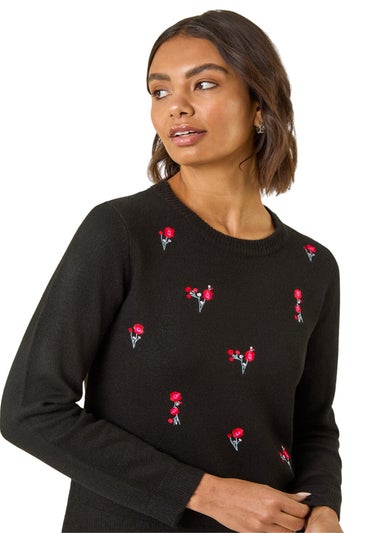 Roman Black Floral Embroidered Knit Jumper