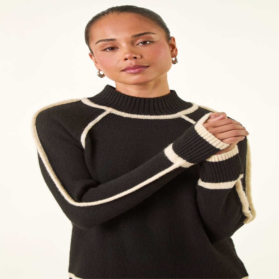 Roman Black Petite Contrast Ribbed Knit Jumper
