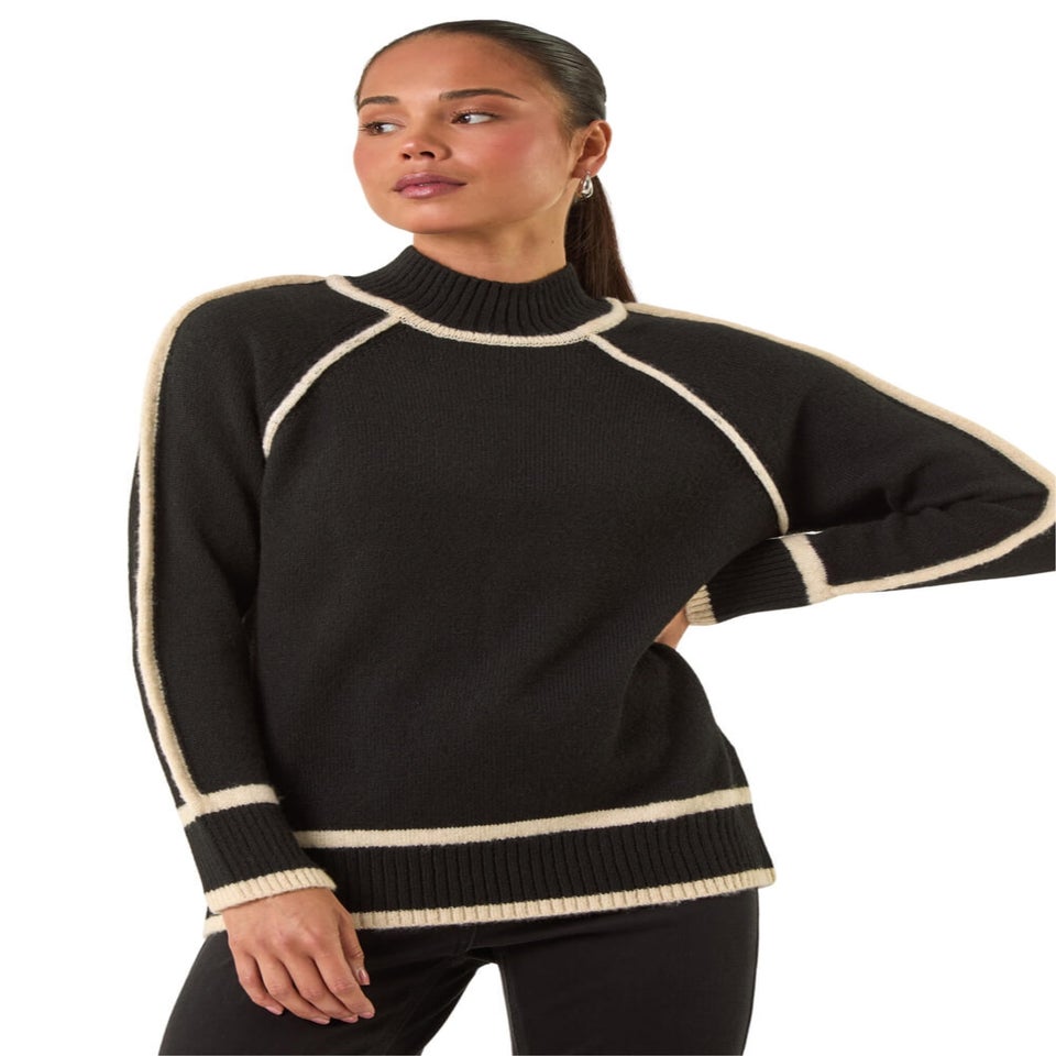 Roman Black Petite Contrast Ribbed Knit Jumper