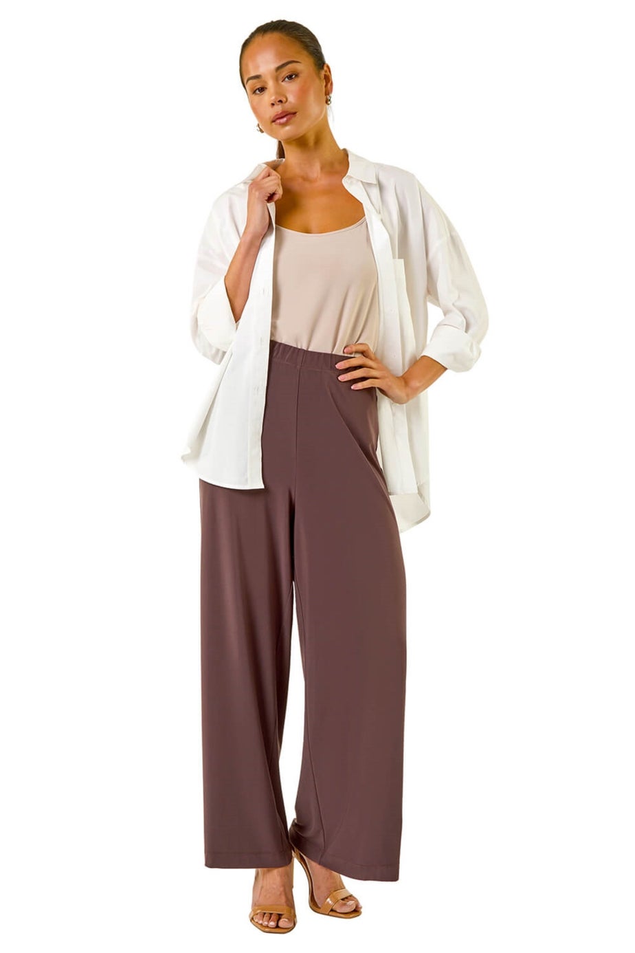 Roman Chocolate Petite Wide Leg Stretch Trouser