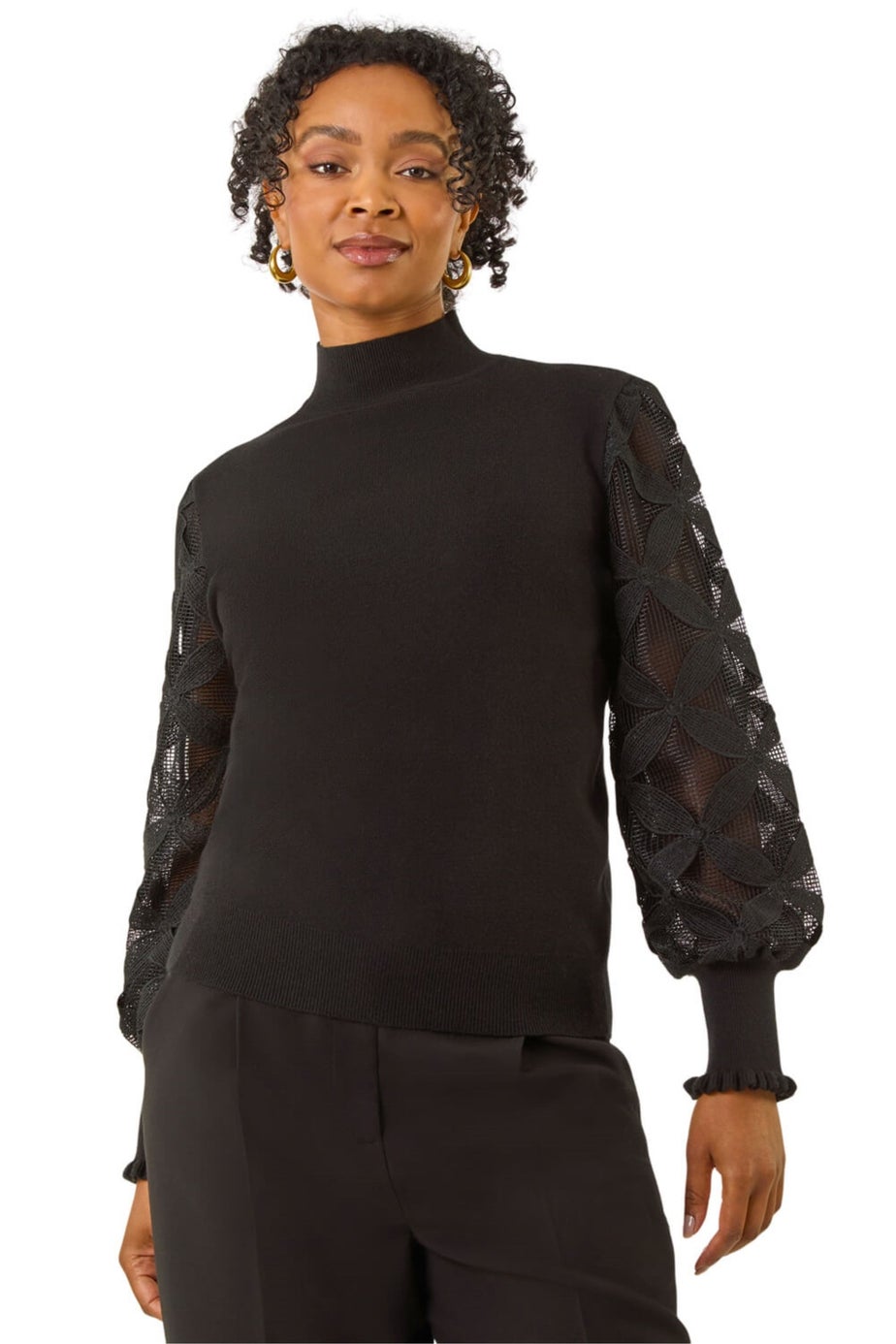 Roman Black Petite Lace Sleeve Knit Jumper