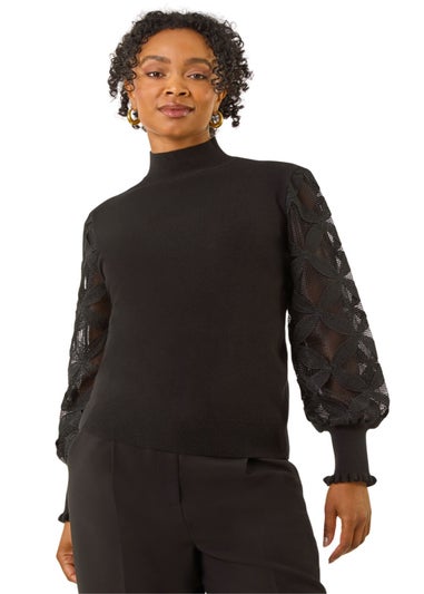 Roman Black Petite Lace Sleeve Knit Jumper
