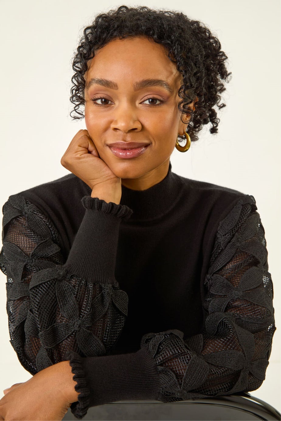 Roman Black Petite Lace Sleeve Knit Jumper