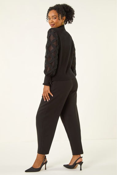 Roman Black Petite Lace Sleeve Knit Jumper