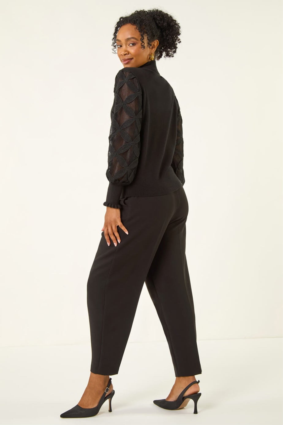 Roman Black Petite Lace Sleeve Knit Jumper