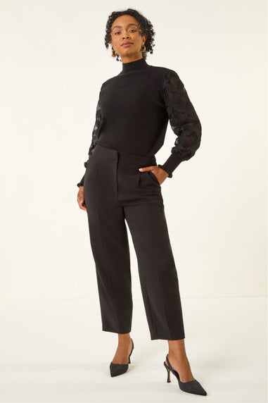 Roman Black Petite Lace Sleeve Knit Jumper