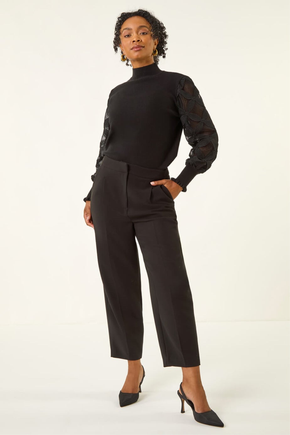 Roman Black Petite Lace Sleeve Knit Jumper