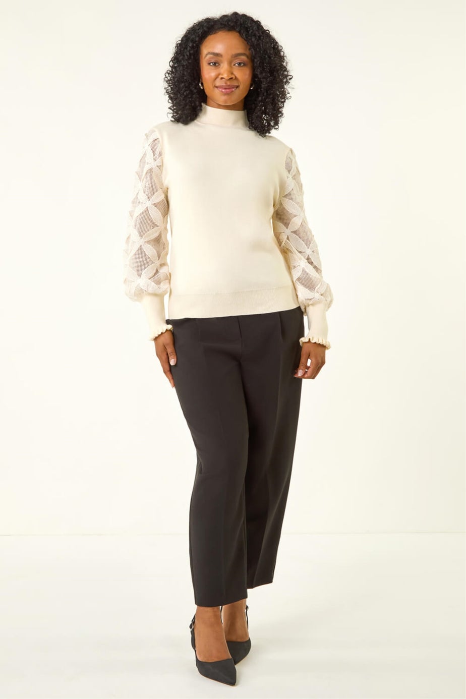 Roman Ivory Petite Lace Sleeve Knit Jumper