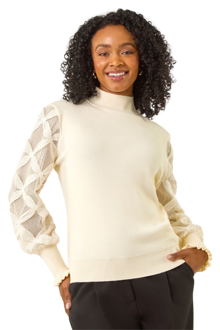 Roman Ivory Petite Lace Sleeve Knit Jumper