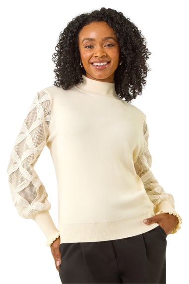 Roman Ivory Petite Lace Sleeve Knit Jumper