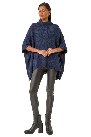 Roman Navy Roll Neck Chenille Knit Poncho