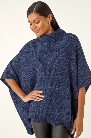 Roman Navy Roll Neck Chenille Knit Poncho
