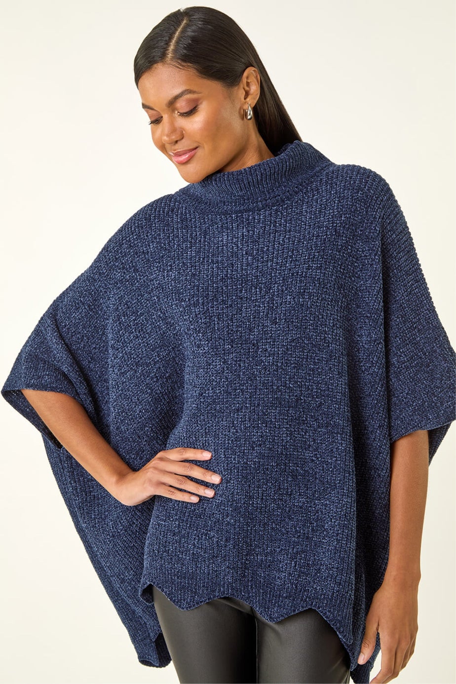 Roman Navy Roll Neck Chenille Knit Poncho