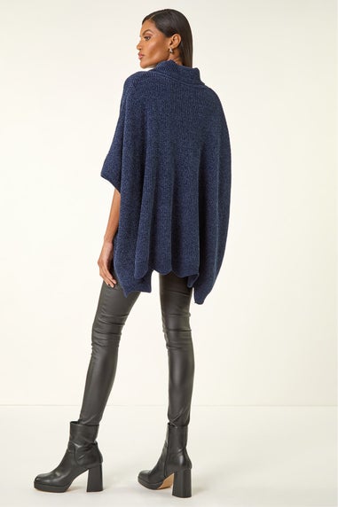 Roman Navy Roll Neck Chenille Knit Poncho