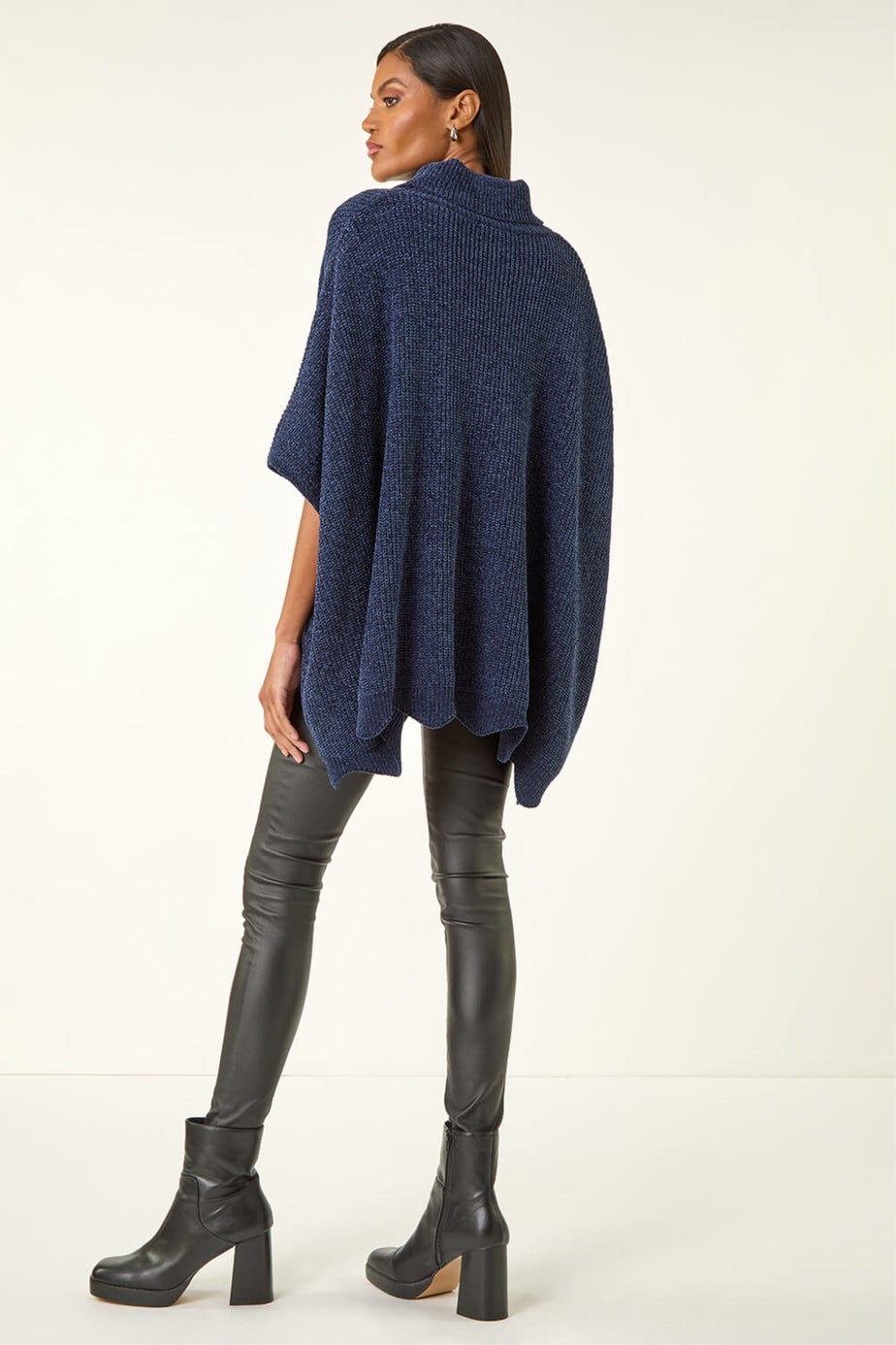 Roman Navy Roll Neck Chenille Knit Poncho