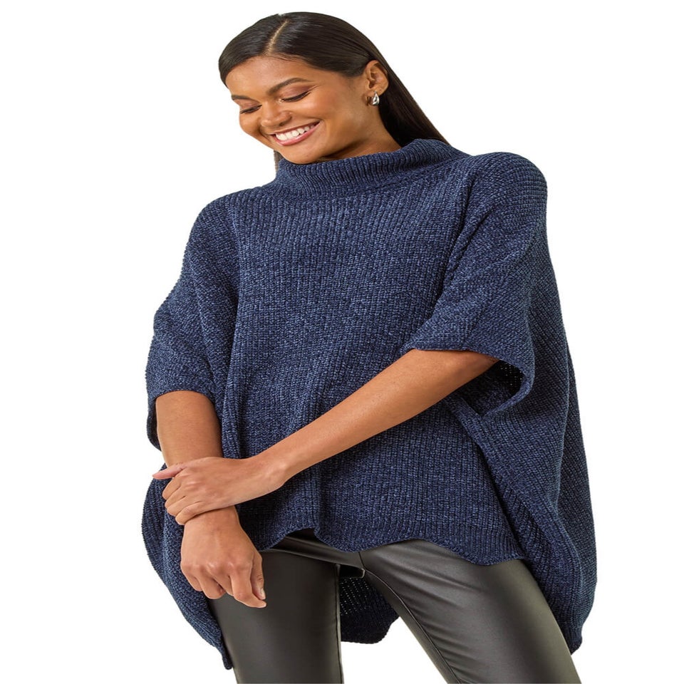 Roman Navy Roll Neck Chenille Knit Poncho