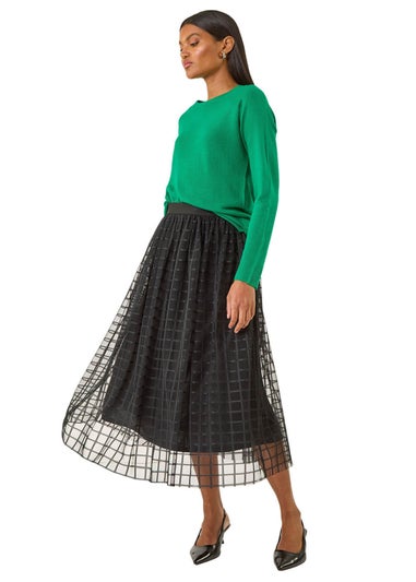 Roman Black Geometric Mesh Overlay Skirt