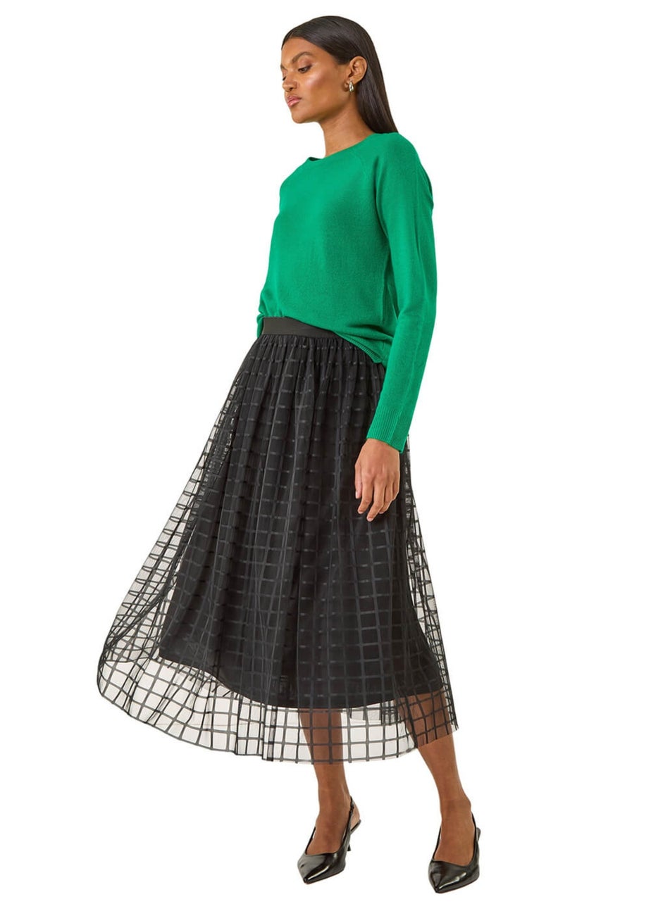 Roman Black Geometric Mesh Overlay Skirt